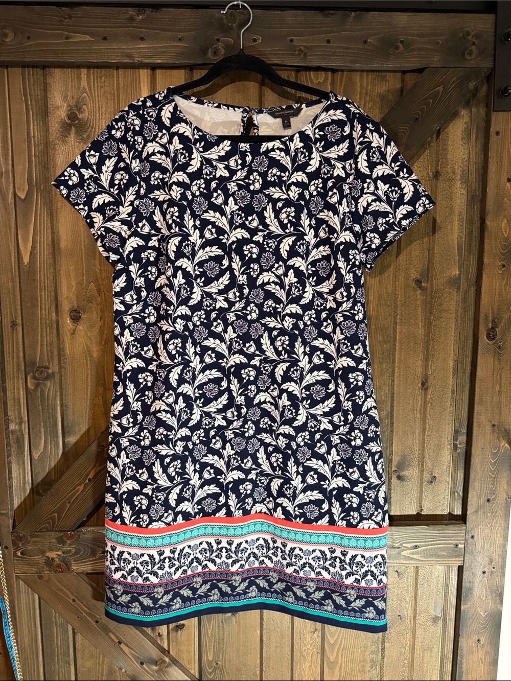 Banana Republic Navy and White Floral Midi Dress with Multi-Color Border
